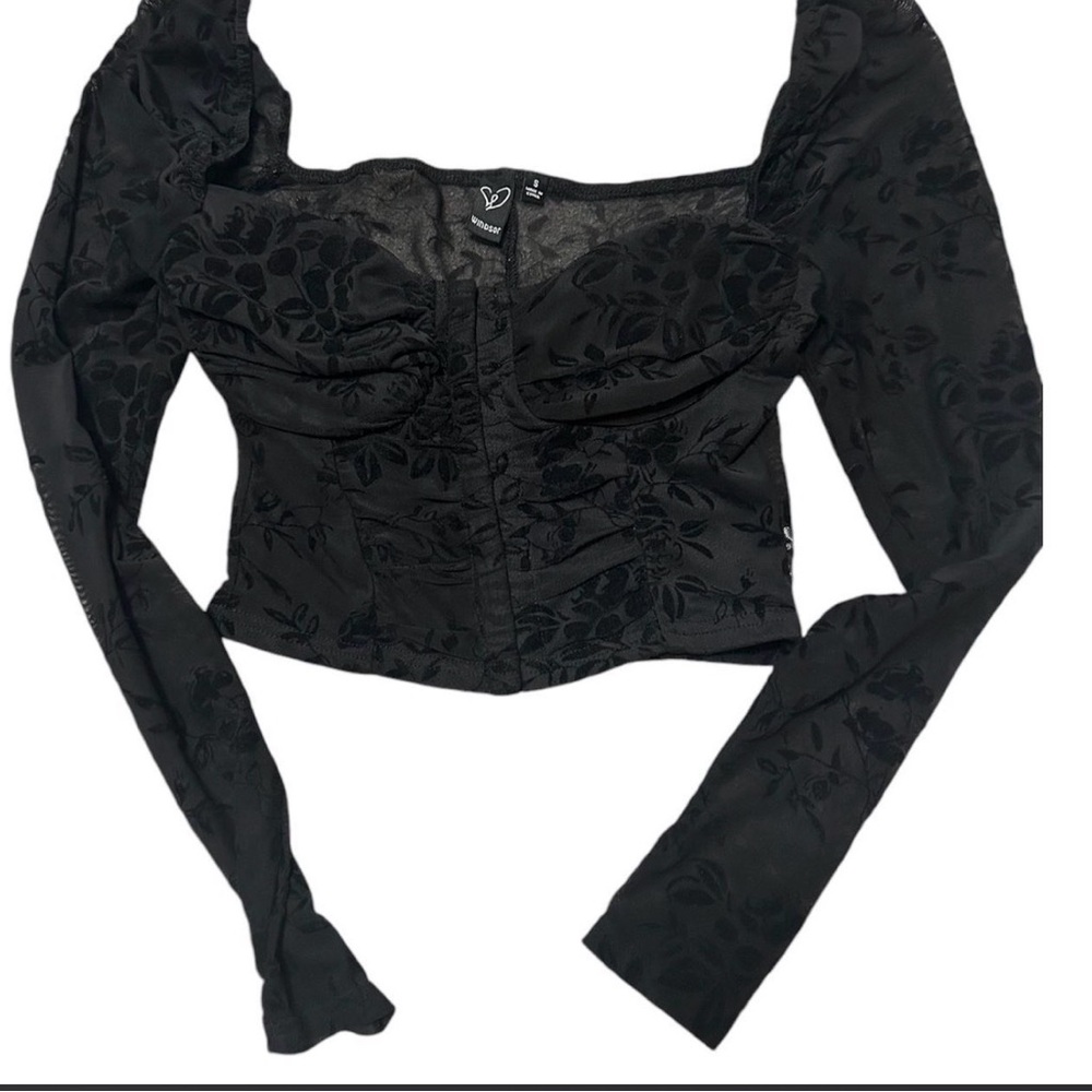 Vintage Black Flocked Floral Corset-Style Long Sleeve Top